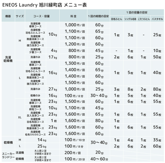 洗濯,乾燥,全自動,高温ガス乾燥,羽毛布団丸洗い,コインランドリー,ENEOSLaundry,ENEOS,旭川,緑町